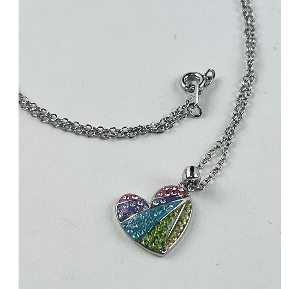 Rainbow Heart Silver Tone Necklace Pendant Angled Pastel CZ Cubic Zirconia Kohls - Picture 2 of 16